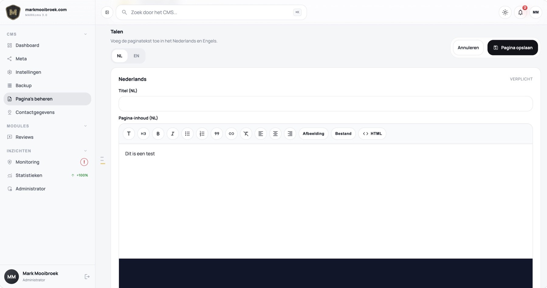 Pagina bewerken met de teksteditor van MARKcms