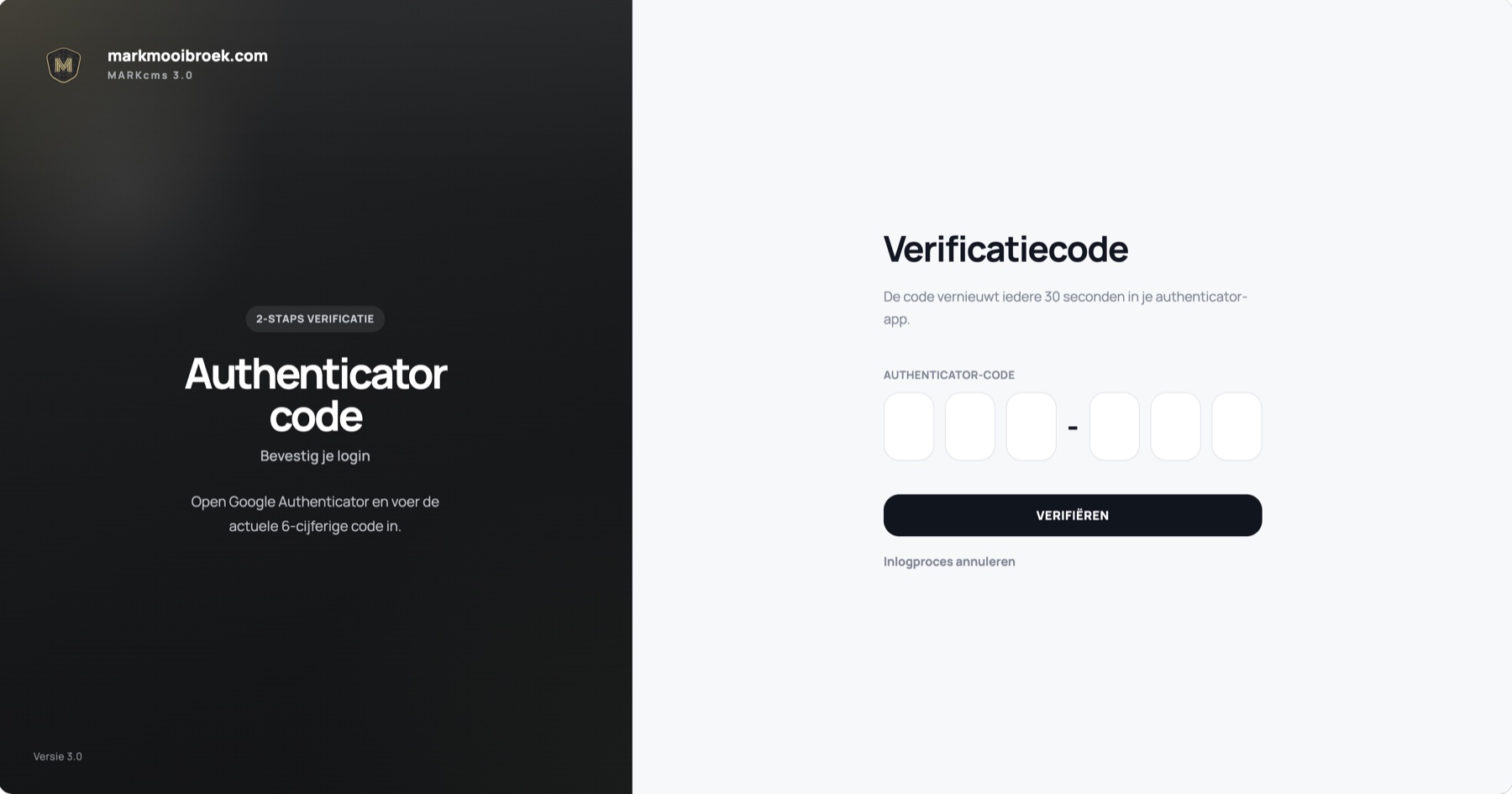Het echte MARKcms-inlogscherm met tweestapsverificatie